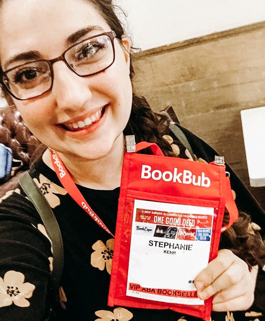 Stephanie holding up BookExpo name tag
