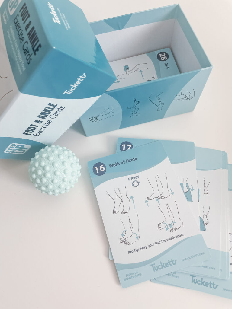 set of Tucketts foot and ankle exercise cards on flat white overlay