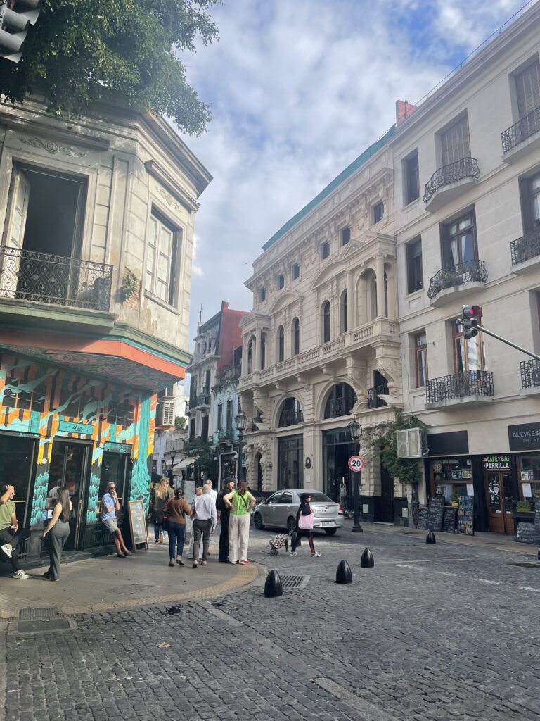 view of a colorful street outside of san telmo market in argentina
